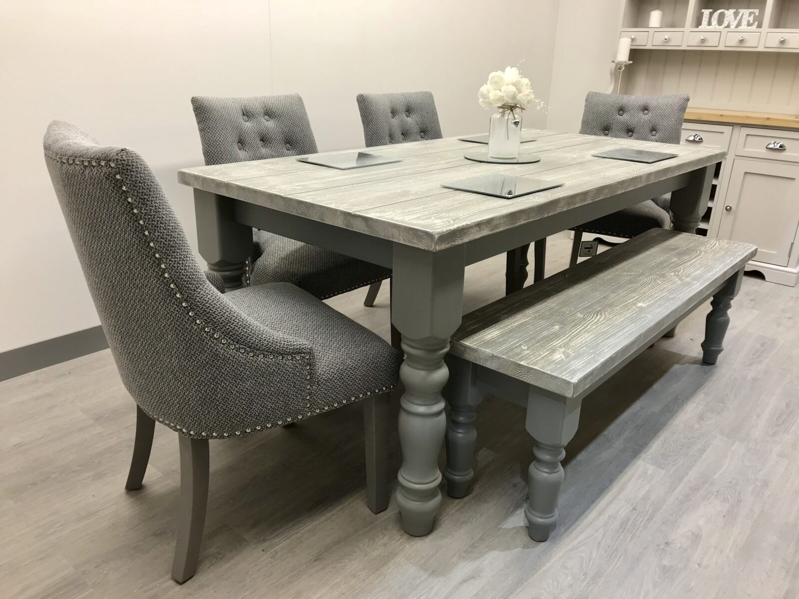 Distressed Grey Table with 4 Grey Fabric Chairs and 1 Bench - Farmhouse