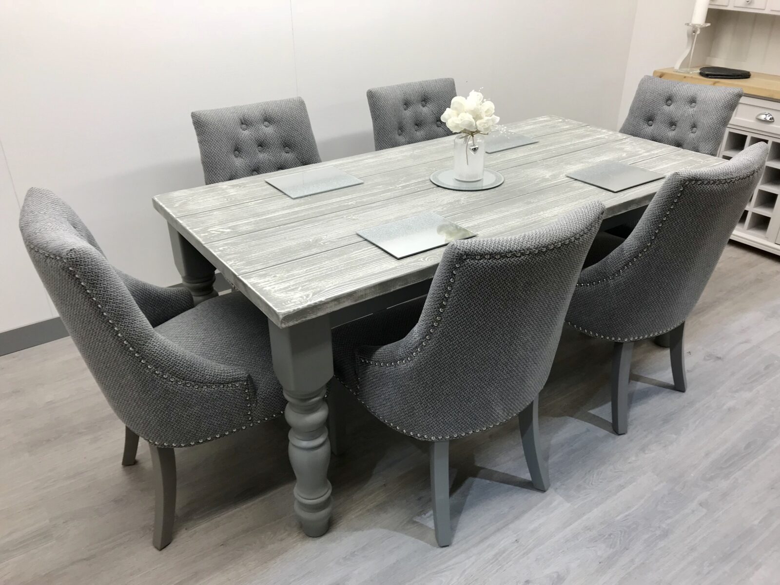 Distressed Grey Table with 6 Grey Fabric Chairs - Farmhouse-Furniture-Shop