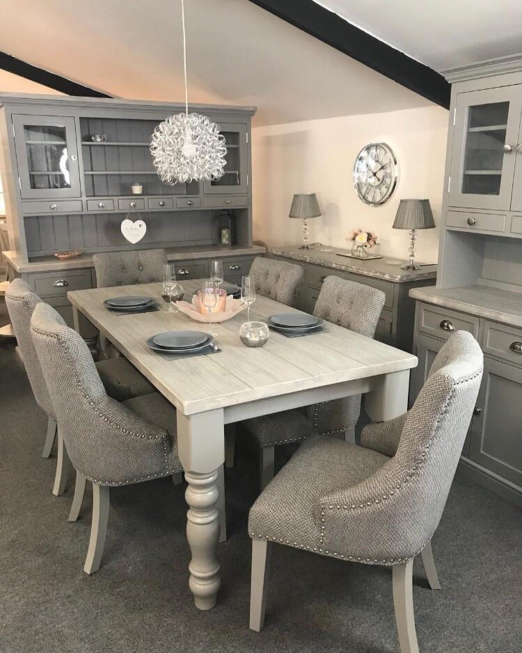 6ft Distressed Grey Table with 6 Grey Fabric Chairs - Farmhouse Furniture