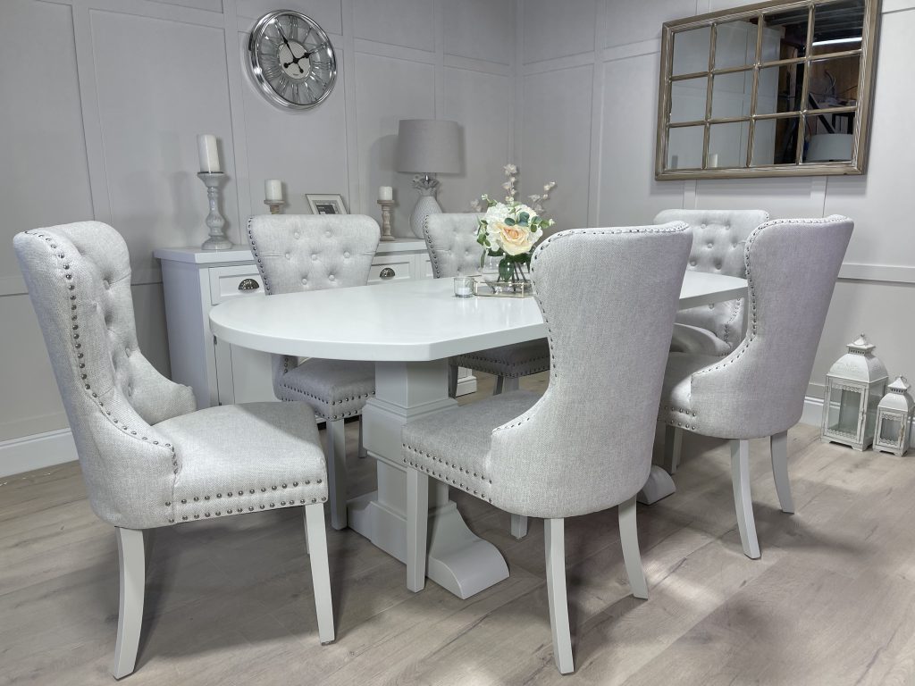 6ft 6'' Bespoke Oval Trestle Table With 6 Beige Windsor Fabric Chairs 