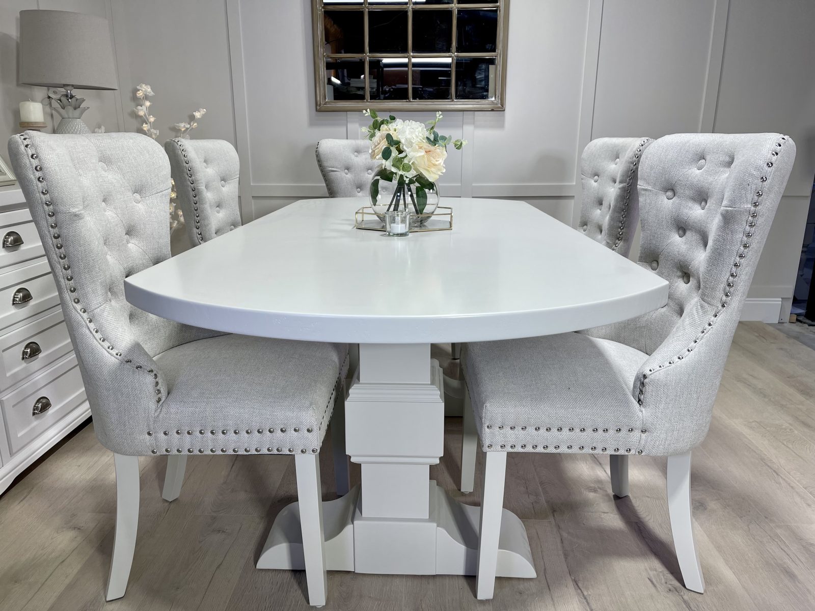 6ft 6'' Bespoke Oval Trestle Table with 6 Beige Windsor Fabric Chairs ...